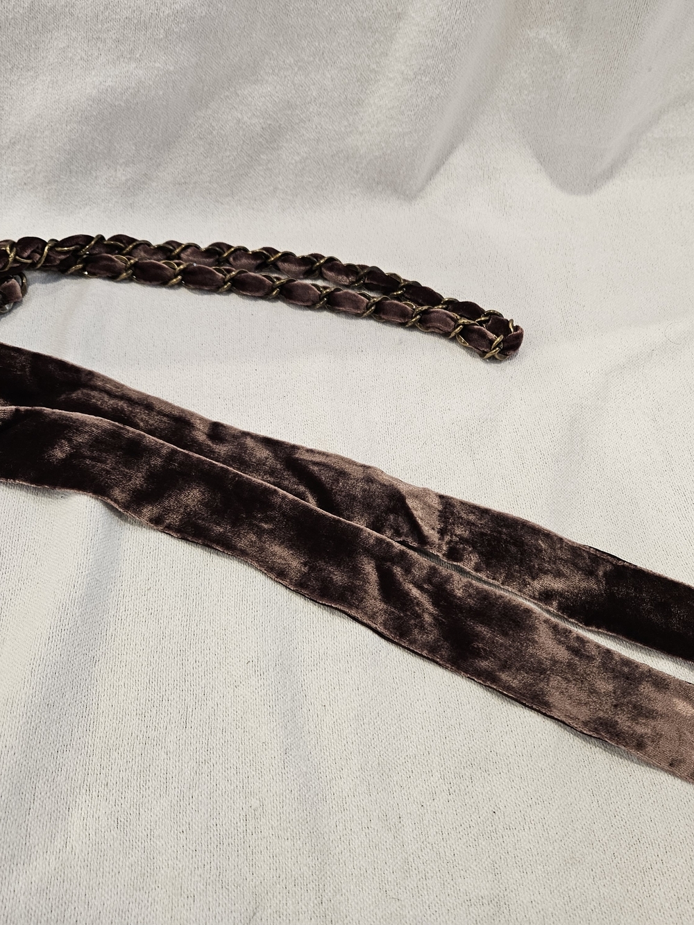 Velvet Tie Waist Belt in Brown With Gold Chain Accent